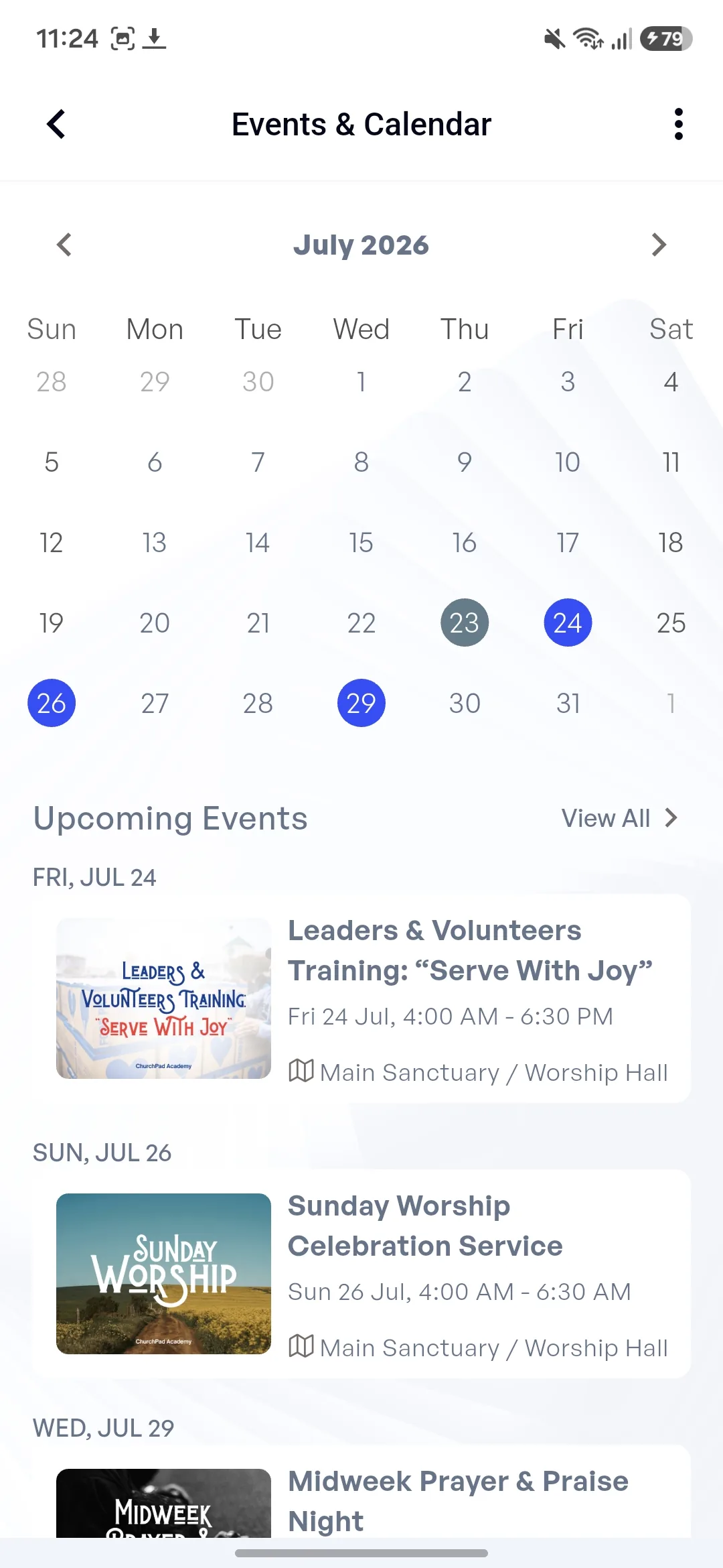 ChurchPad events and scheduling interface